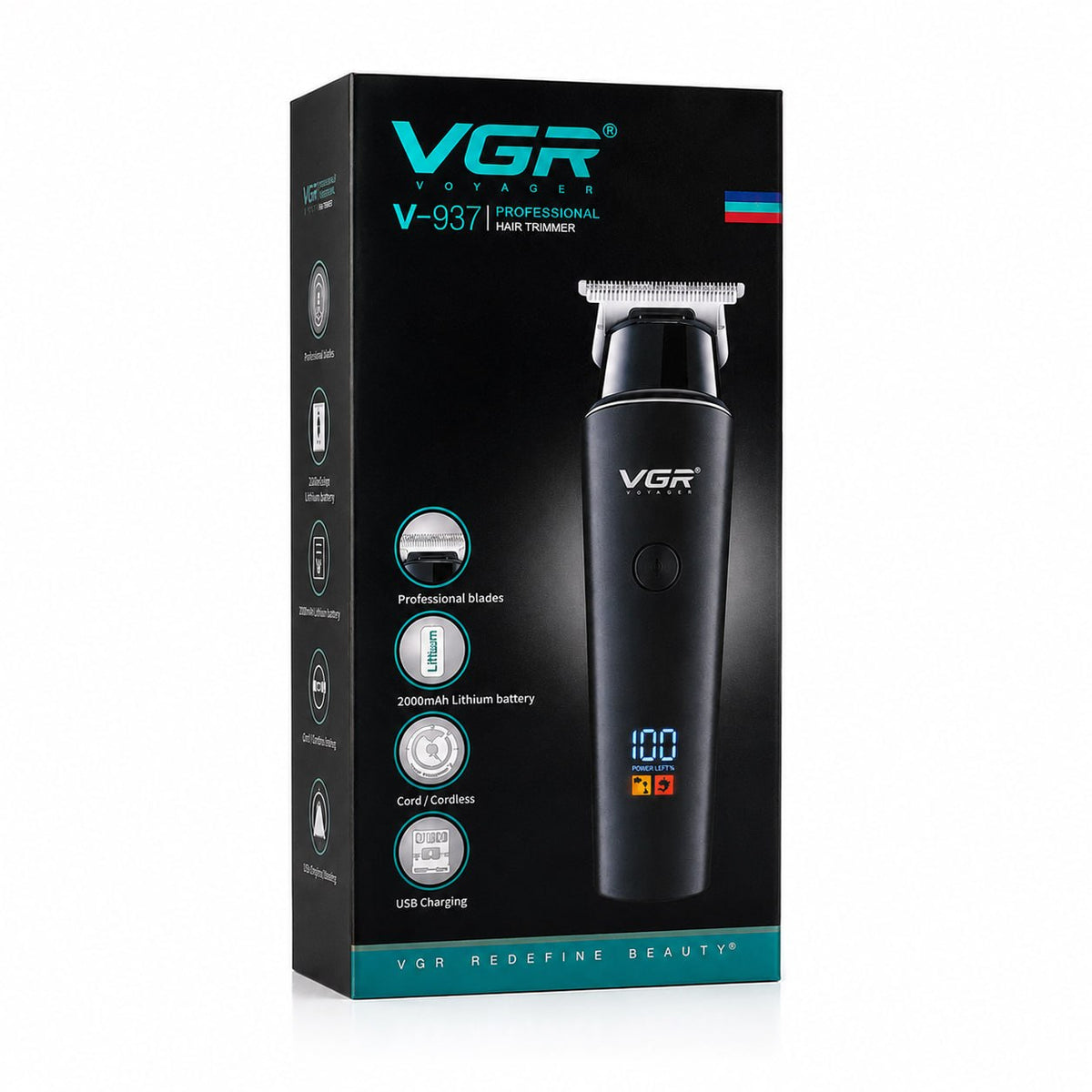 VGR V-937 Professional Cordless Hair & Beard Trimmer for Men – LCD Display, 500 Min Runtime, 2000mAh Battery, Zero Gap Stainless Steel Blade (Black