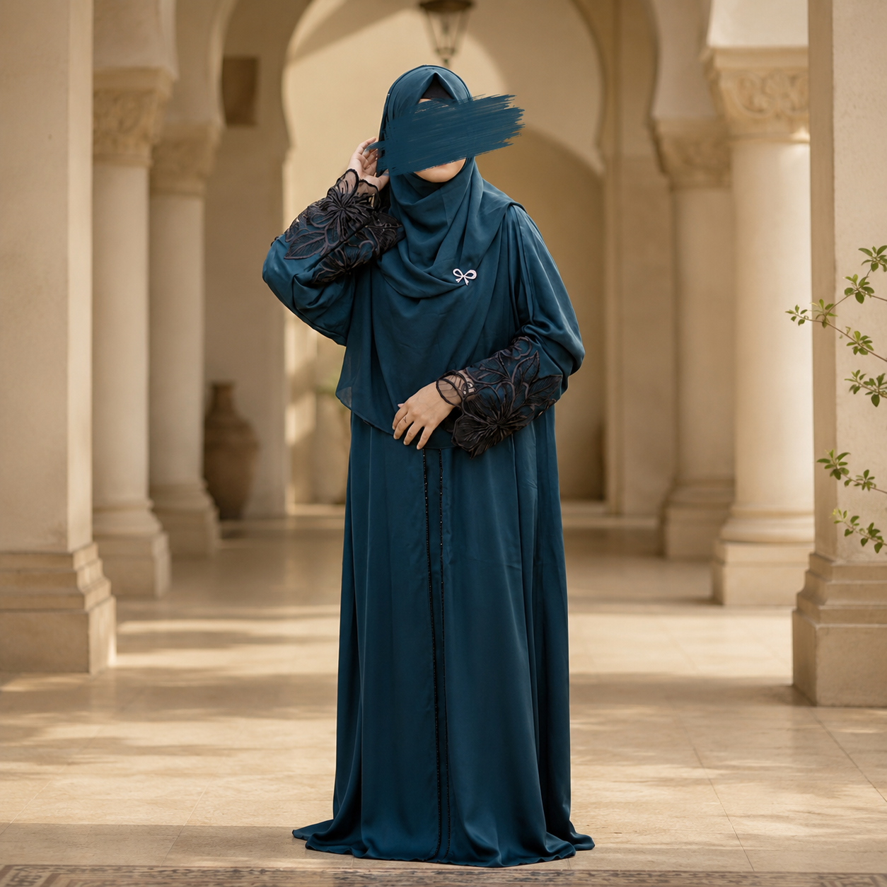Premium Dubai Cherry Fabric: Elegant Lace Abaya Borka Black Color