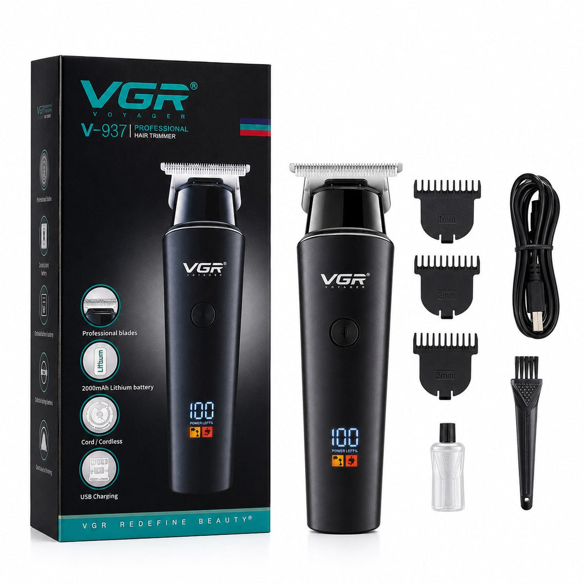 VGR V-937 Professional Cordless Hair & Beard Trimmer for Men – LCD Display, 500 Min Runtime, 2000mAh Battery, Zero Gap Stainless Steel Blade (Black