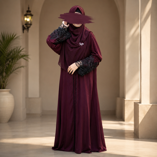 Premium Dubai Cherry Fabric: Elegant Lace Abaya Borka Black Color